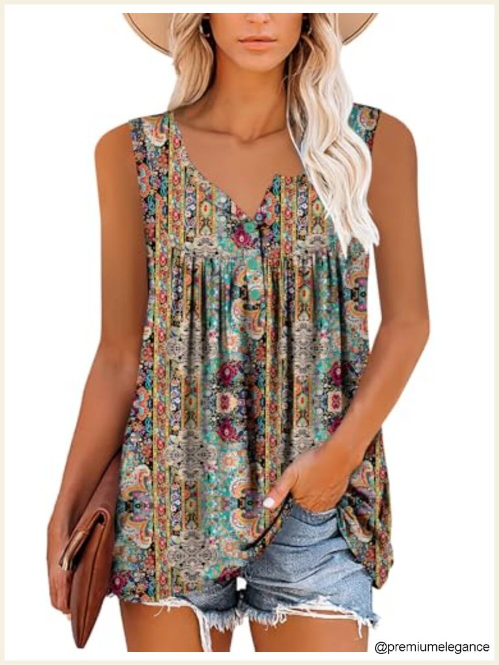 Floral Henley Tank Top Fit and Flare Tunic Blouse Summer